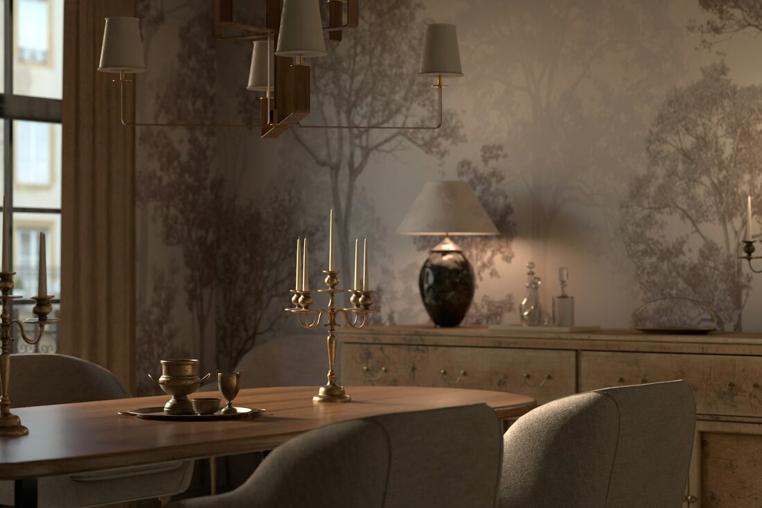Dining room with a soft grey chinoiserie scenic mural wallpaper, candelabra and a dark wood sideboard